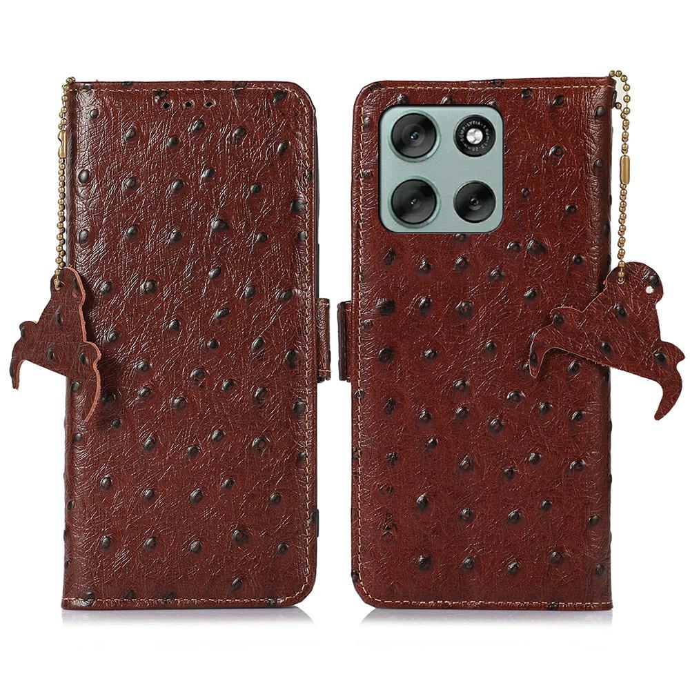 For Motorola Moto G56 5G Case RFID Blocking Genuine Cow Leather Phone Case Ostrich Texture