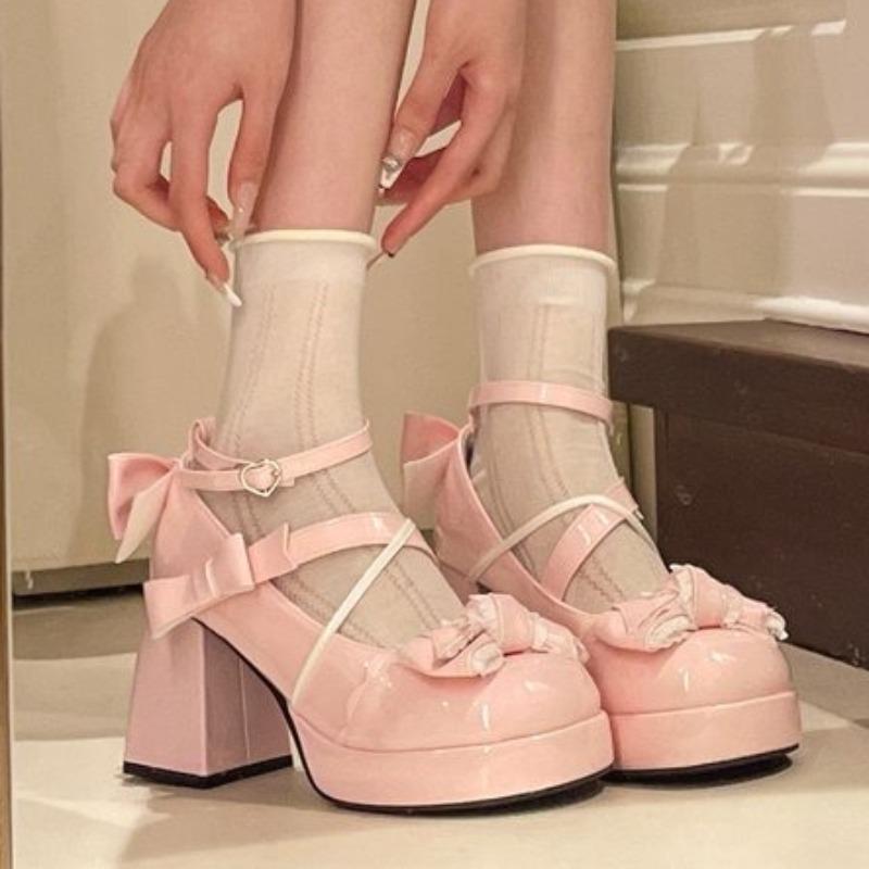 2026 Women High Heels Shoes Woman Chunky Sandals Summer PU Leather Shoes Retro Bow Party Platform Pumps