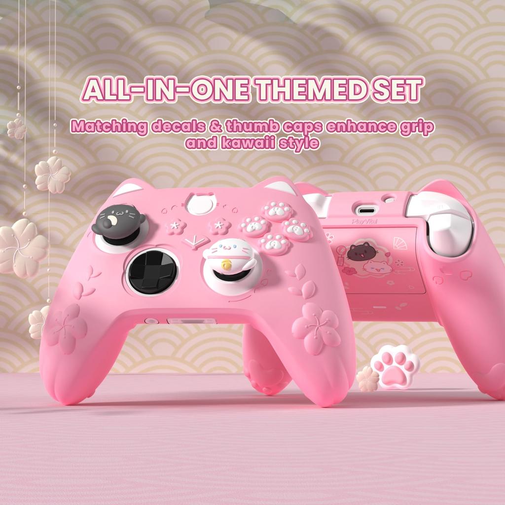 PlayVital Silicone Cover for Xbox Series Sakura Kitten Design Grip Cover Thumbstick Caps Stickers Soft Rubber Case for Xbox Wireless Controllers X/S