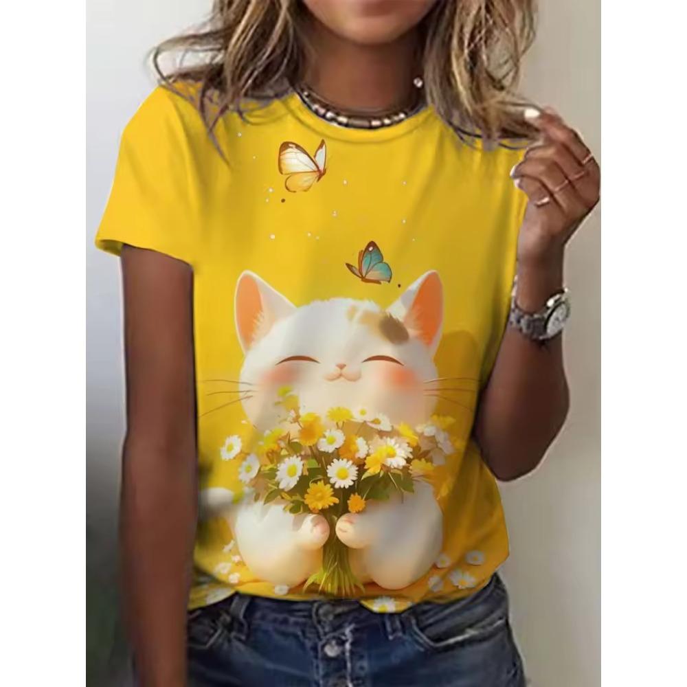 Ladies Summer Fun Cat Printed Large Loose Casual T-shirt Fashionable Comfortable Soft Breathable Short Sleeved T-shirt