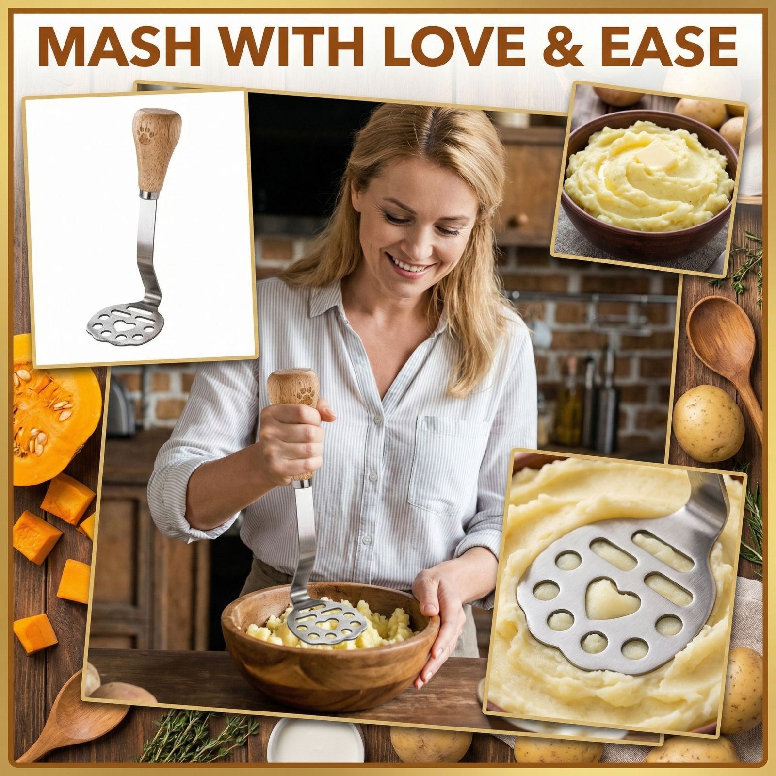 Stainless Steel Kitchen Pumpkin Wooden Handle Mashed Potato Press One Size
