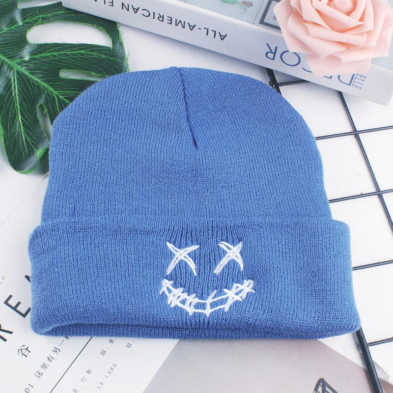 Herbst Winter Strickmütze Lustige Gesichts Mütze Vielseitig für Damen Streetstyle Personalisierte Stickerei Wollmütze Warme Zehenkappe Unisex