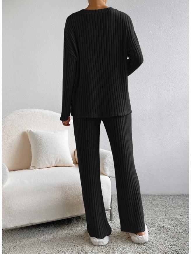 2025 Autumn Women's Cross-border Casual V-neck Rib-knit Set with Loose Straight-leg Pants