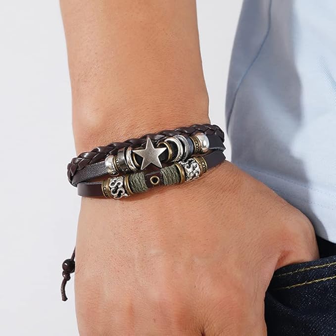 Vintage Bohemian Hippie Elf Rock Leather Wrap Wrist Wide Bracelet Dark Coffee
