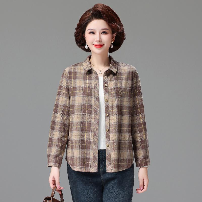 Genuine Autumn Long Sleeve Plaid Cotton Shirt for Middle-Aged & Elderly Women