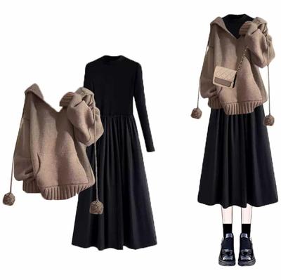 JINZUOMA Set with Sweater and Knit Long Long Cute and Perfect for Plus Everyday Wear Women's 2-Piece Top, Dress, Sleeves, Autumn/Winter Fashion,