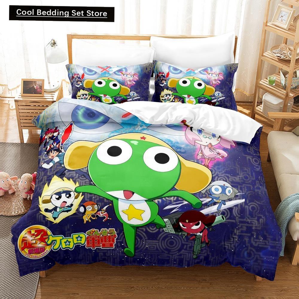3D Kawaii Cartoons Bed Sheet Keroro Frog Bedding Set Single Twin Full Queen King Size Bed Set Adult Kid Bedroom Duvet Cover Sets