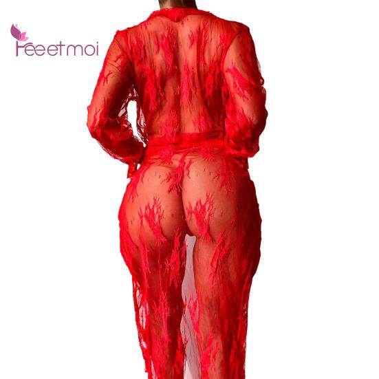 Lady Nightdress Lace Open Front Up Two Piece Transparent Floral Lace Sexy Nightdress Panties Set