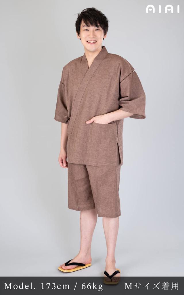 [Ai Ai] Cool-looking, washable cotton-linen jinbei (wool-dyed kimono), made in Japan, 75% cotton, 25% linen (L, Brown)