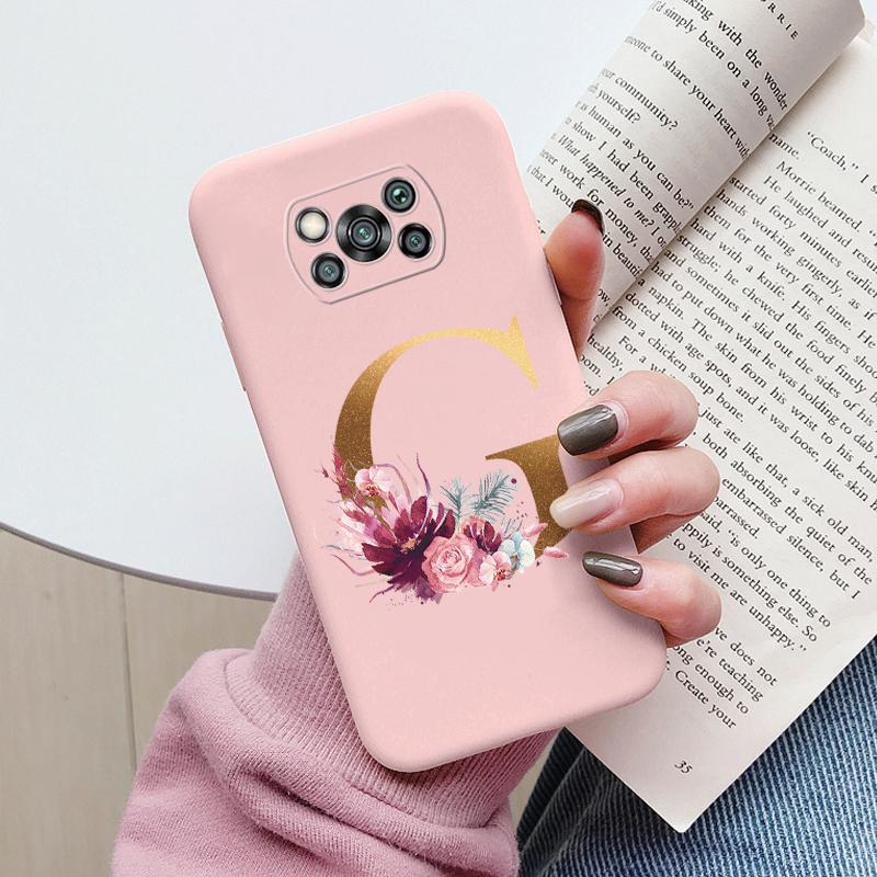 Letter Case For Poco X3 NFC PocoX3 Pro Back Cover Retro Flowers Pink Black Soft TPU Initial Fundas For Xiaomi Poco X 3 Pro Coque