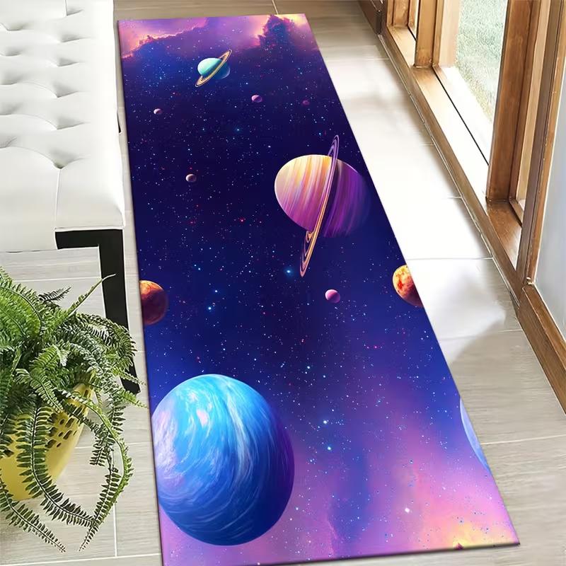 Tapis de couloir sur le thème de l'espace Impression vibrante de système solaire de dessin animé Tapis de sol doux antidérapant Tapis galaxie pour chambre d'enfant salon