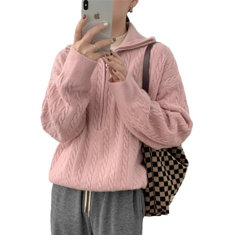 Korean version of chic autumn and winter soft waxy knitted top women's retro twist half zipper lazy versatile short sweater jacket