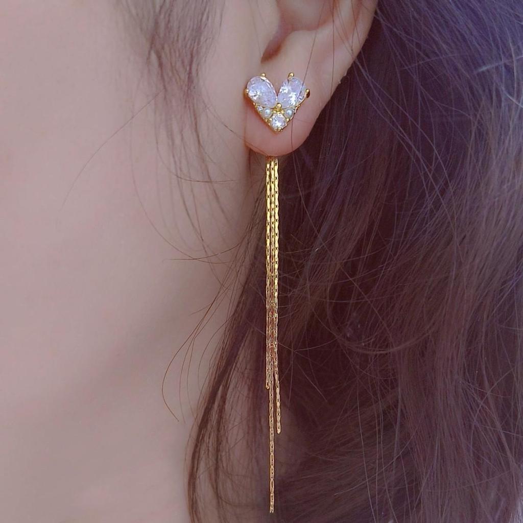 Elegant Zircon Pearl Heart Tassel Earrings for Women