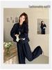 Women's Plus Size Spring & Autumn Denim Suit: Round Neck Jacket & Wide Leg Pants - Unique Two-Piece Set for Young Mothers.