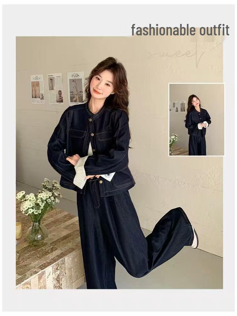 Women's Plus Size Spring & Autumn Denim Suit: Round Neck Jacket & Wide Leg Pants - Unique Two-Piece Set for Young Mothers.
