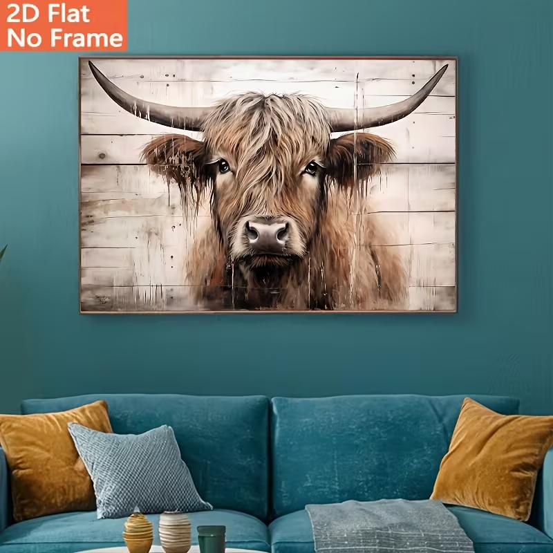 Highland Cow Canvas Wall Art - Scottish Cow Farm Animal Print, Rustic Scottish Borders Cattle Picture for Farmhouse Cottage Decor