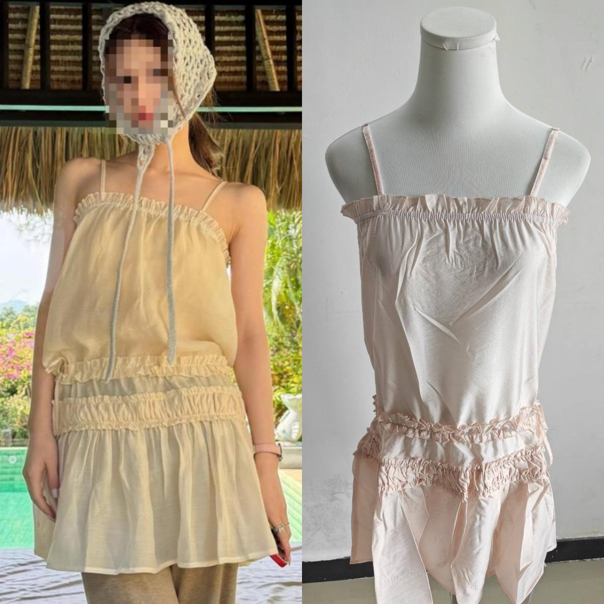 2026 Summer Zhao Lusi Style Pink Lace Camisole Pleated Dress Small