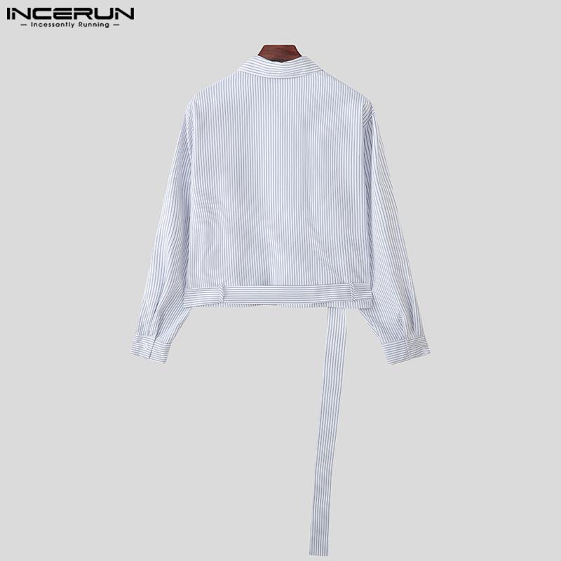 INCERUN Oversized Men Lapel Neck Long Sleeve Striped Print Belt Casual Shirts Tops