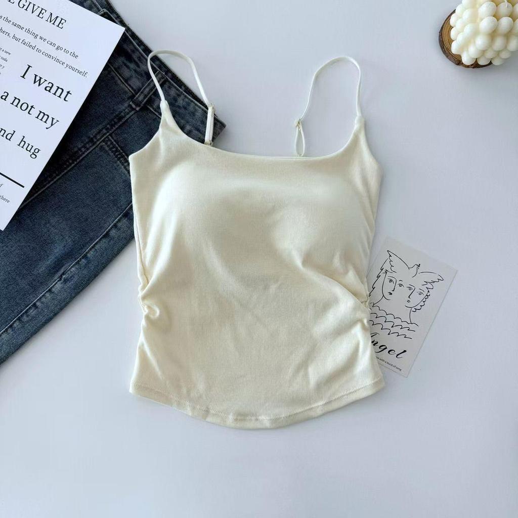 Women's Pleated Camisole: Fresh Design, Slim-Fit, with Chest Pads, Versatile for Outer or Base Layer, Summer-Perfect with Stylish Back