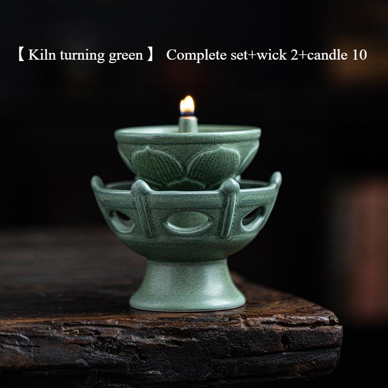 Retro Chinese ceramic celadon oil lamp vintage everbright candle holder tea light stand for home decor zen living room