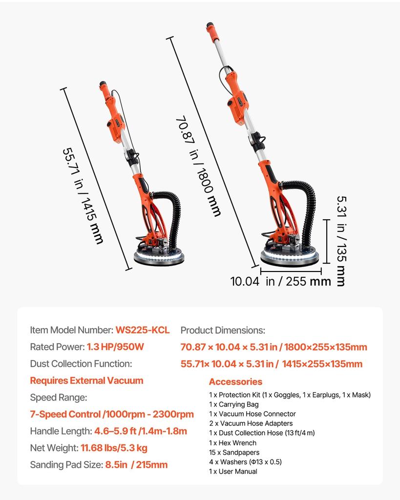 Lixadora de Gesso Acartonado, Lixadora Elétrica de Gesso Acartonado 950W, Ferramenta de Remoção de Teto com Pipoca com 7 Velocidades Variáveis 1000-2300 RPM, Luz LED de Deck Duplo, Dobrável &