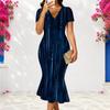 Women Plus Size V Neck Short Sleeve Printed Dark Blue Fitted Fishtail Dress
