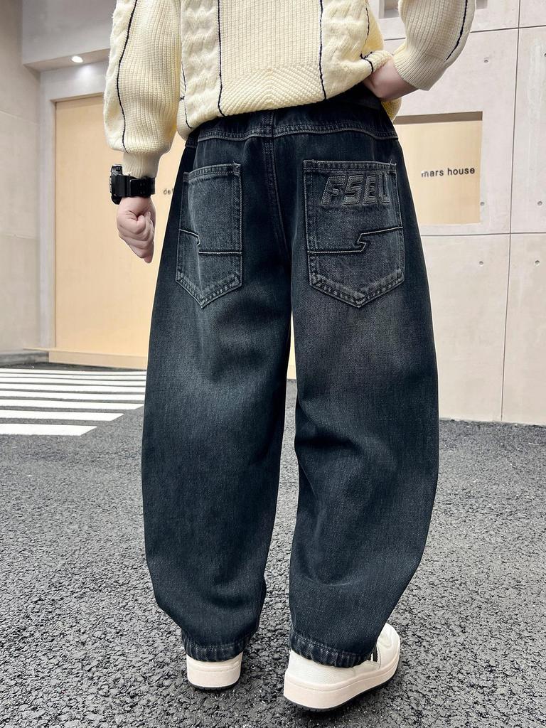 2025 Boys' Plush-Lined Denim Fleece Pants - Winter Wear for Teens and Kids