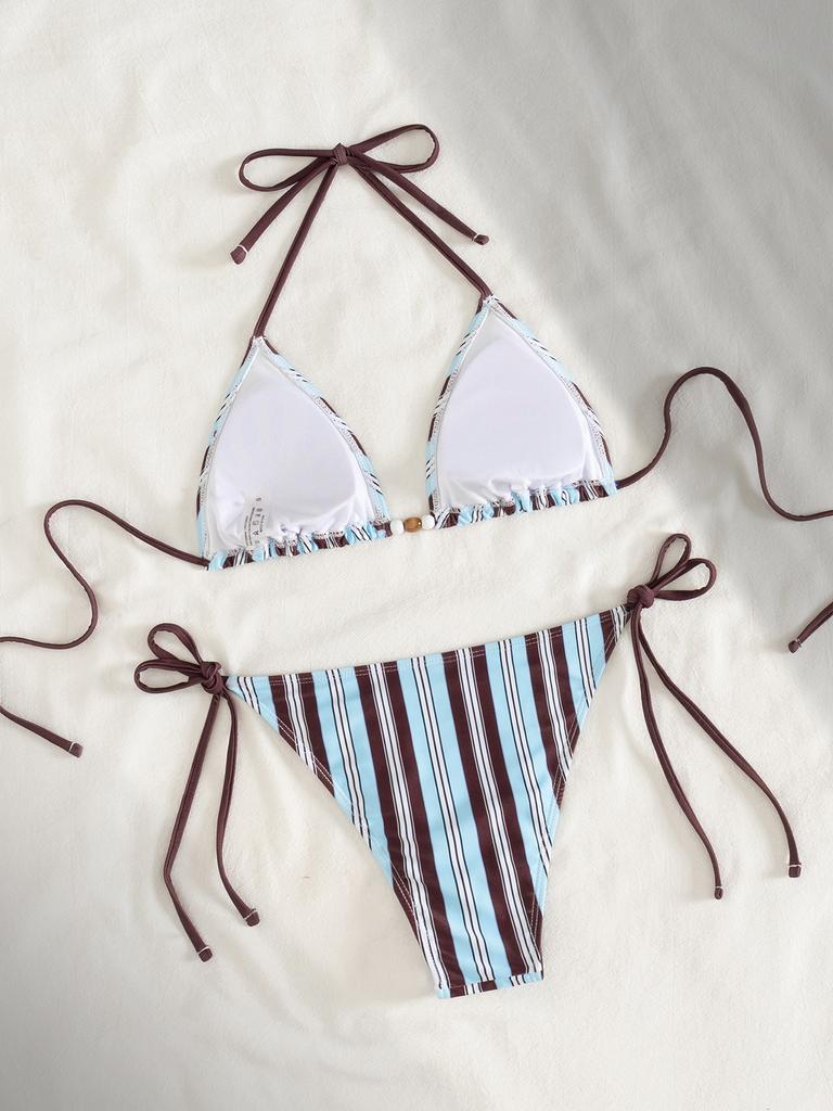 Swimsuit Color Block Stripe Print Tie Backless Sexy Two Piece Bikini