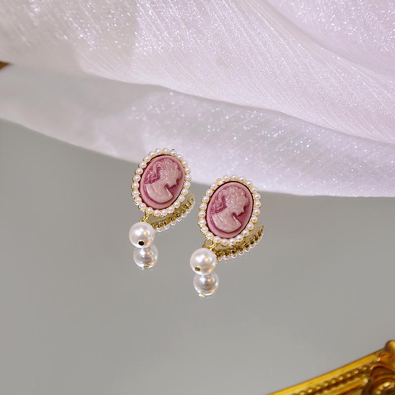 French Court Style Silver Needle Dangle Earrings with Geometric Design and Pearls