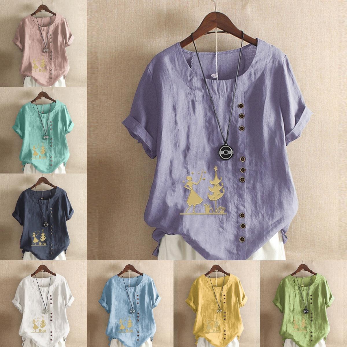 

Жіноча модна футболка з круглим вирізом і короткими рукавами. Повсякденна бавовняна лляна сорочка з графічним малюнком. Дозвілля. Вільна ялинка. Літня блузка з принтами. 5XL зелений