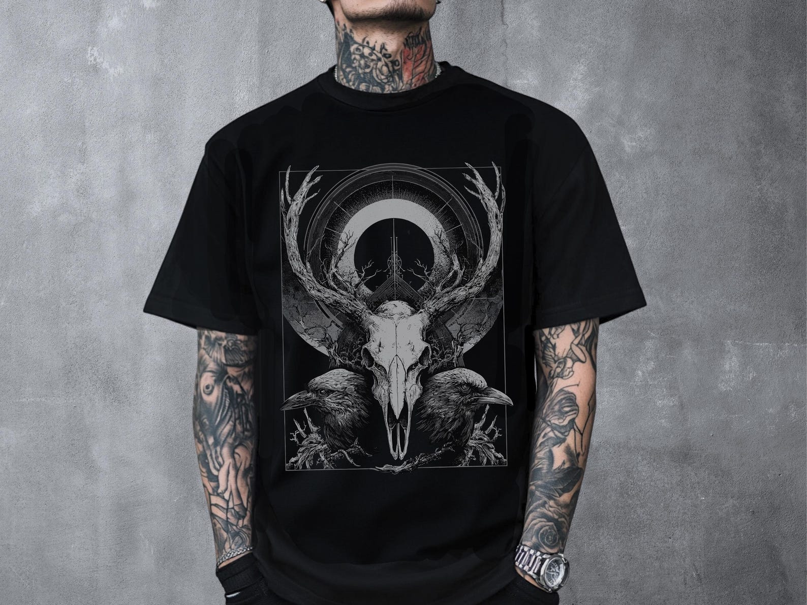 Deer Skull Raven Tarot Gothic T-Shirt, Occult Psychedelic Goth Graphic Shirt, Alternative Clothing, Emo Grunge Shirt, Goth Gift For Him Her L