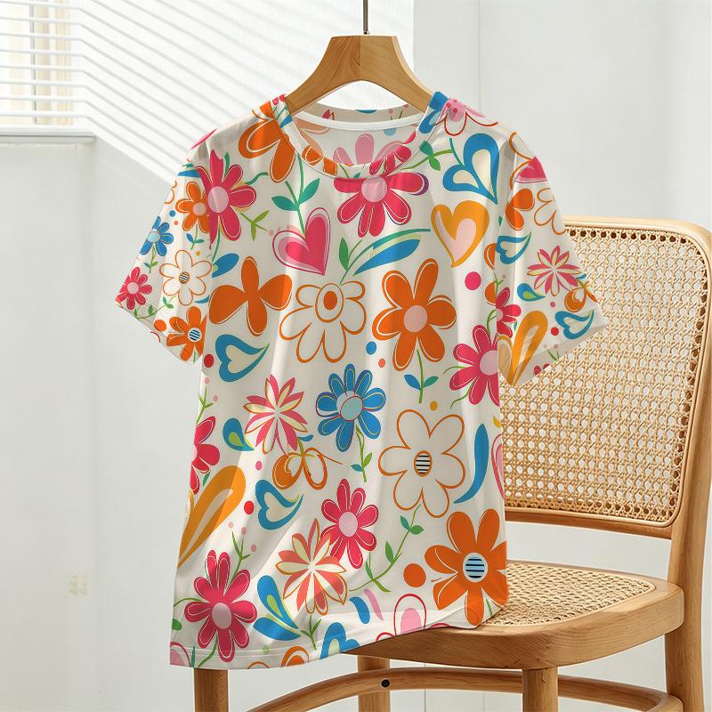 Women’s Colorful Floral Print Short Sleeve T-Shirt - Soft Street Casual Top, Versatile for Daily & Campus Wear