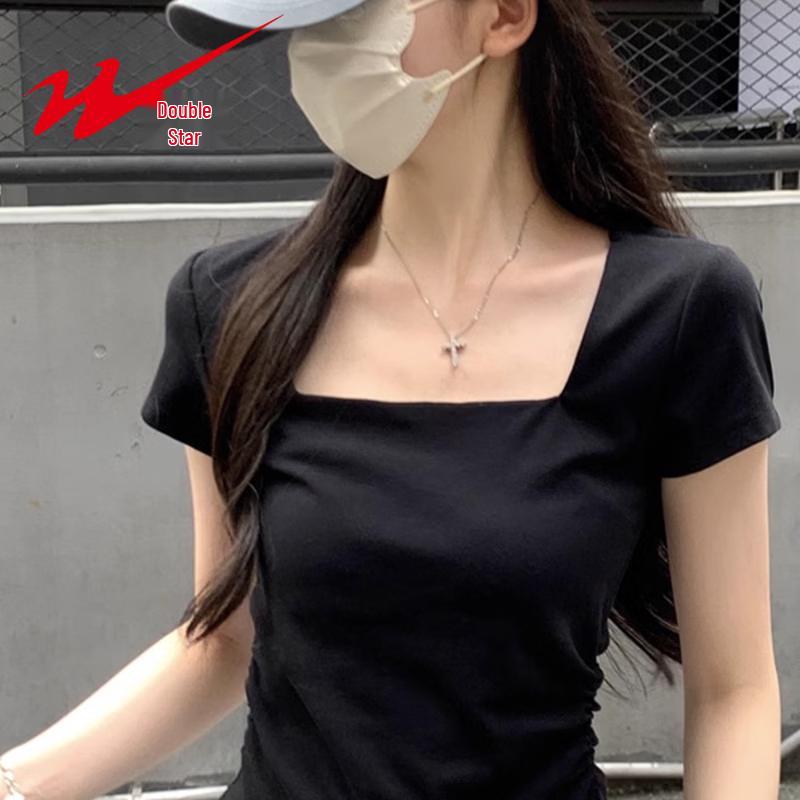 Shuangxing Women's Slim Fit Square Neck Short Sleeve Tee