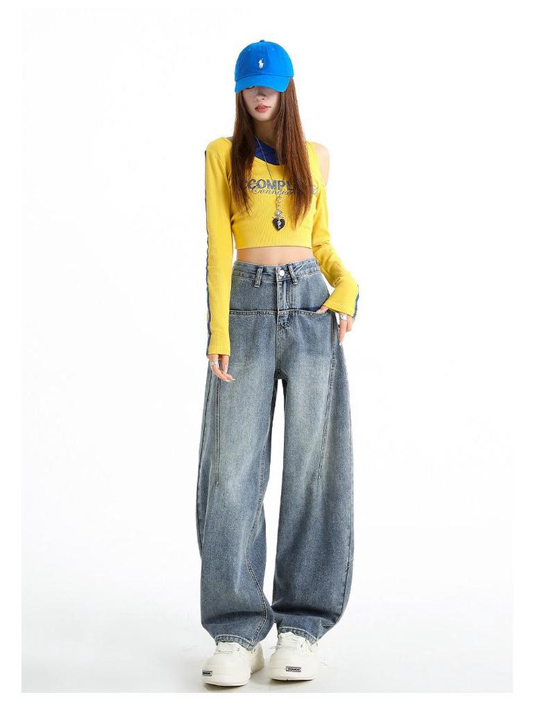 Retro Wide-Leg Jeans for Women - Spring Plus Size, Loose Fit, Floor-Length Pants