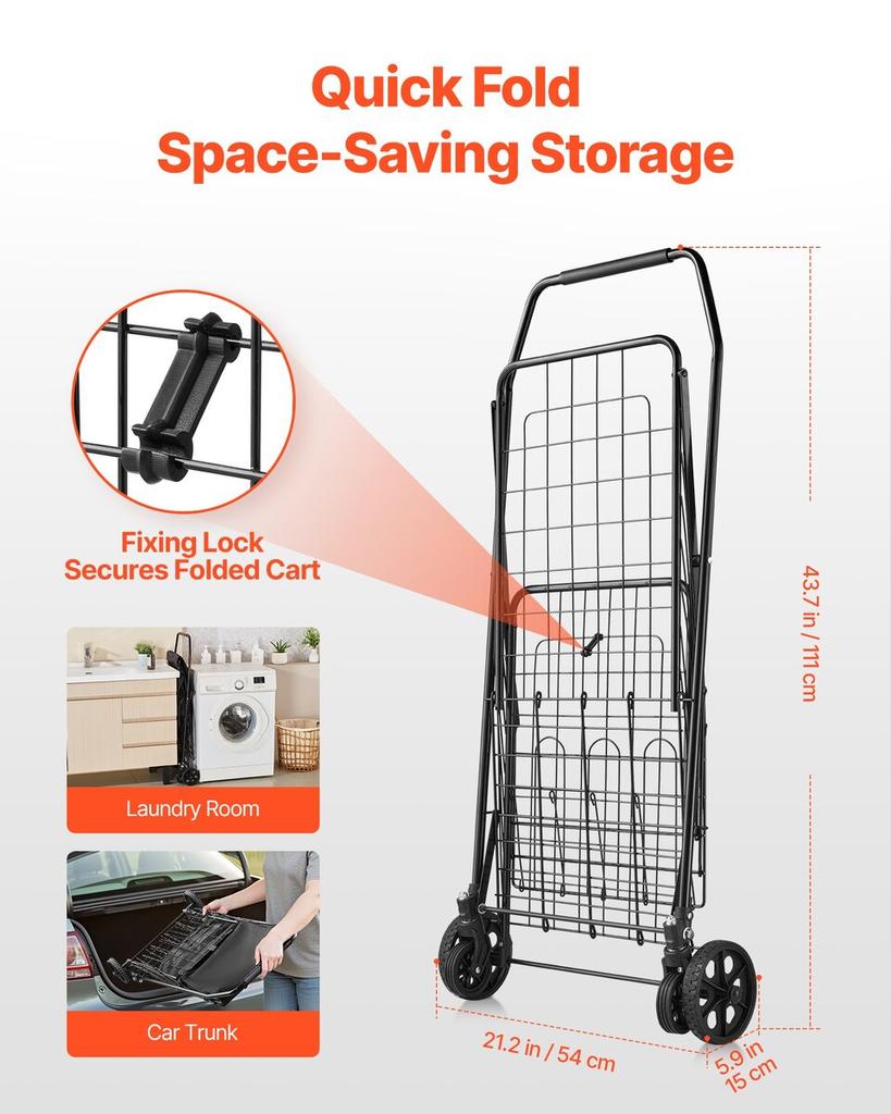 Shopping Cart, Folding Grocery Utility Cart with Dual Baskets, Waterproof Liner & Wheels, 45 KG Large Load Capacity, Heavy Duty Laundry Basket for