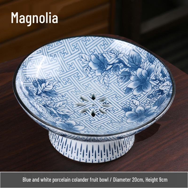 Blue & White Porcelain High-Footed Fruit Bowl for Tea Room or Coffee Table