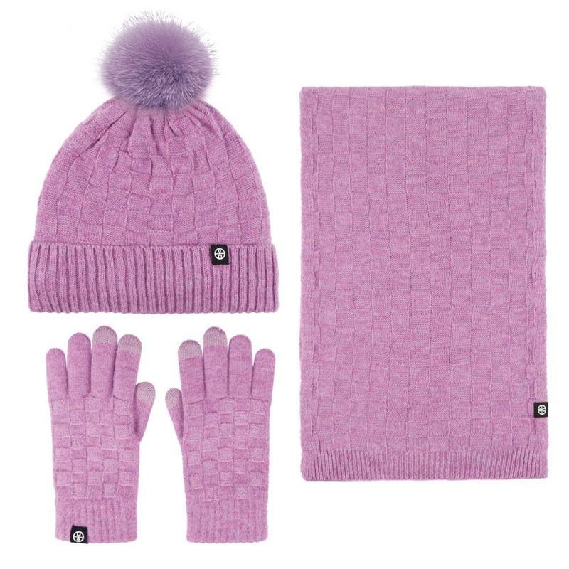 Winter warm scarf three-piece set outdoor cold-proof plush ball knitted hat scarf gloves 3-piece set