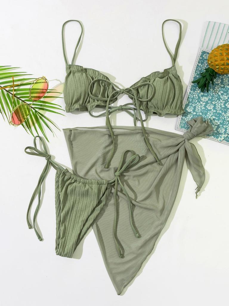 Neuer Damen einfarbiger Neckholder-Bikini 3-teiliges Set - High-Waist Mesh Split Badeanzug