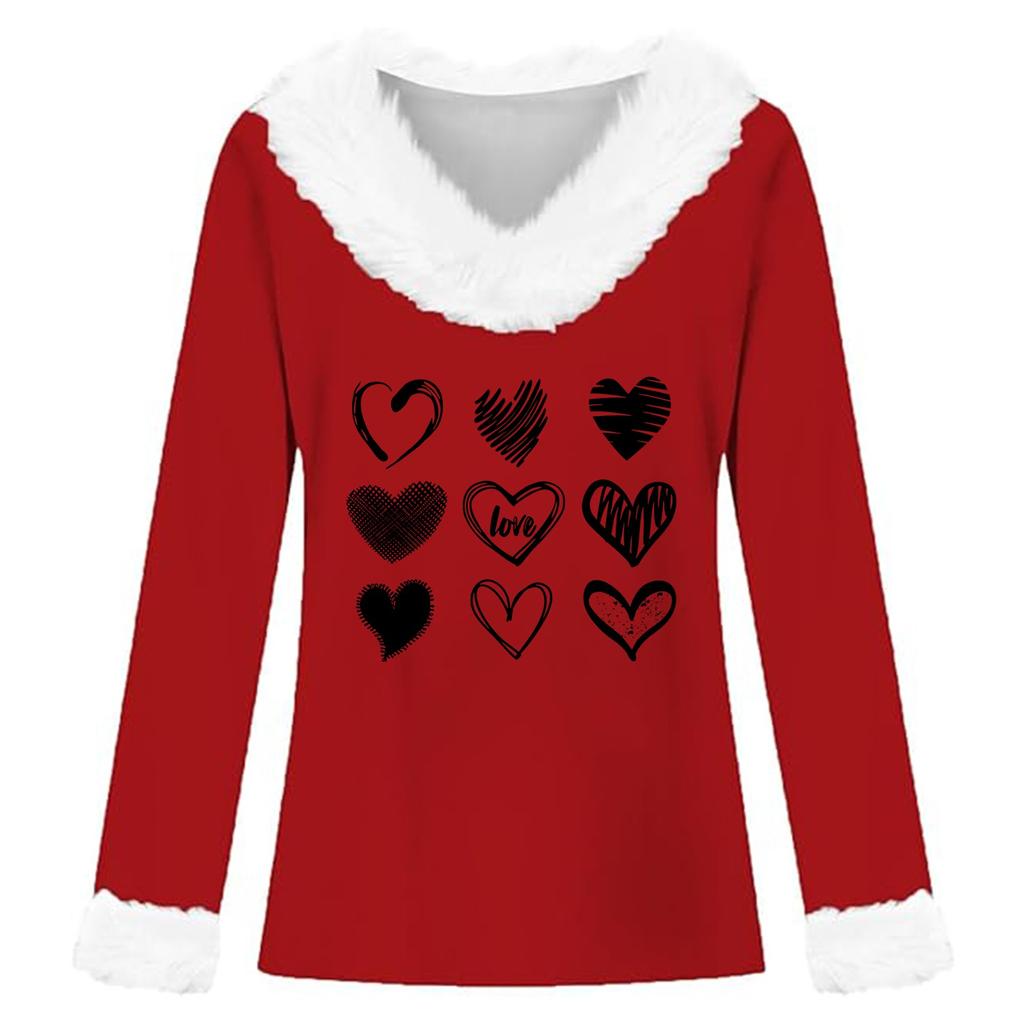 Women's T-shirt Valentine's Day Printed Shirt Long Sleeved Party Lover Wool Collar V-neck Top
