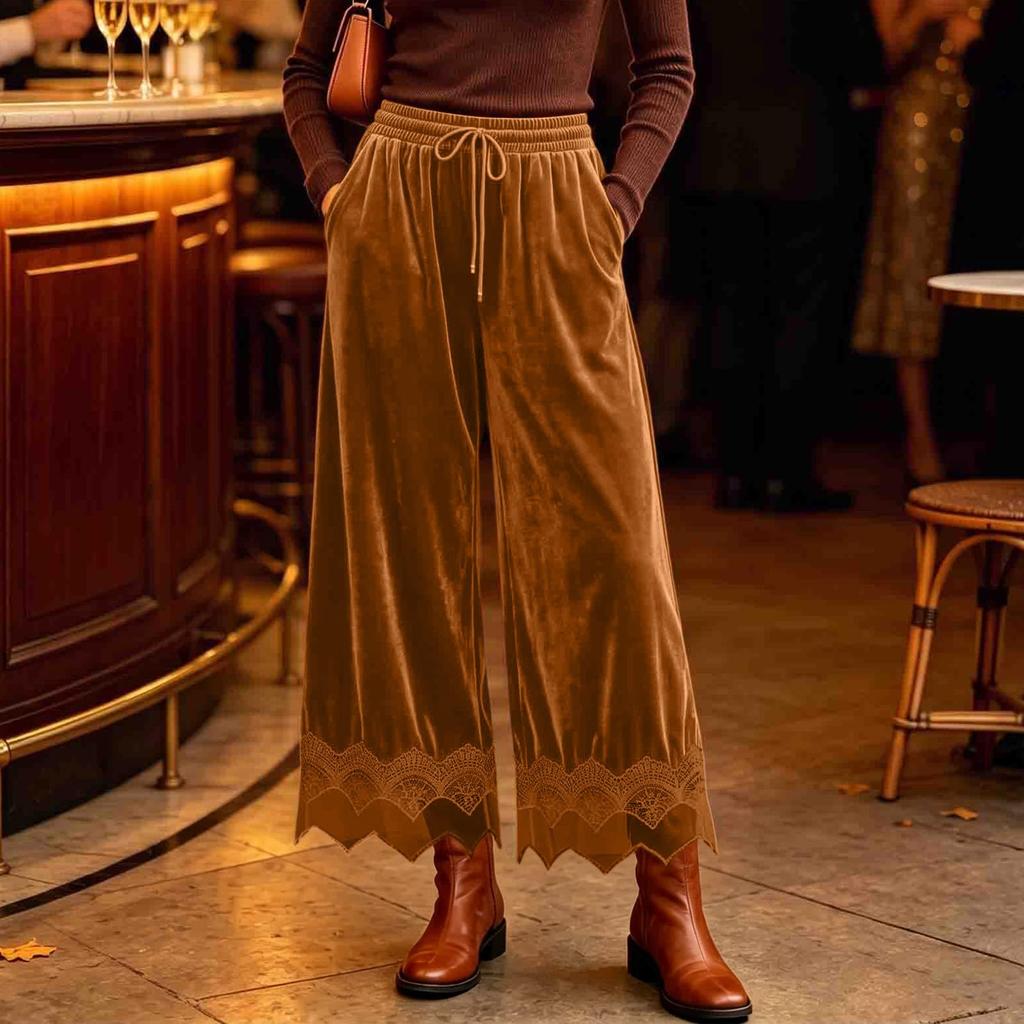 Women's Fashion Color Casual Wide Leg Pants with Elastic Waist and Pockets