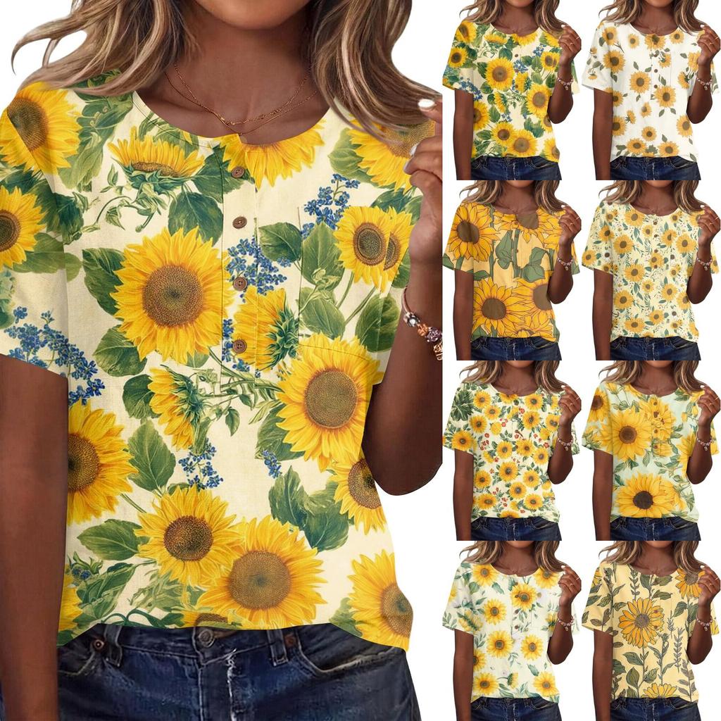 Women’s Short Sleeve Cotton Linen Henley Shirt with Sunflower Print and Button Front Casual Loose Fit Top for Summer Spring