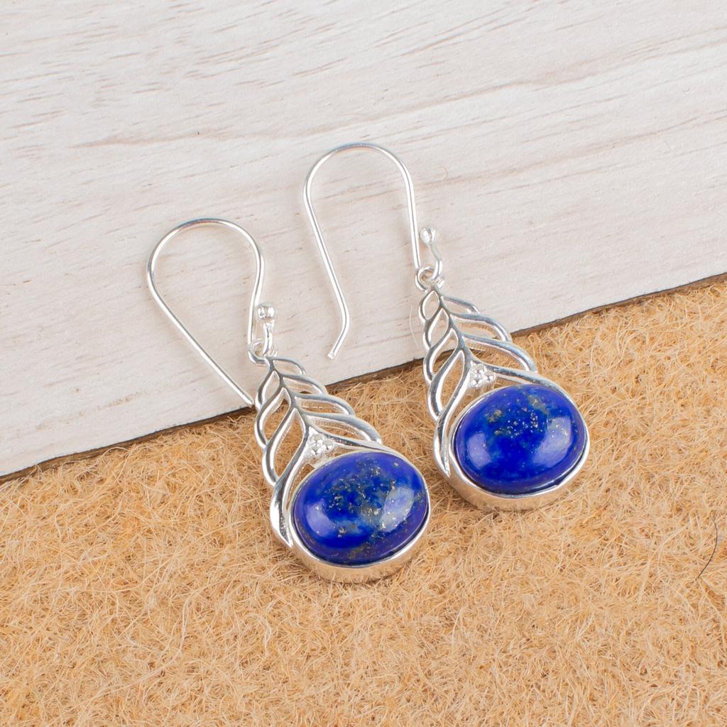Lapis Lazuli Gemstone 925 Sterling Silver Ethnic Jewelry Artisan Earrings 1.64" CE-1-23