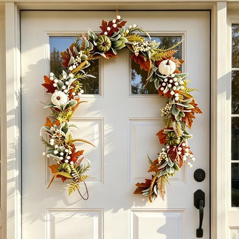 Fall Harvest Garlands Decors With Pumpkins, Leaves and Berries Accent, Flexible Wire Vine About 180 for Mantels Doorway Windo
