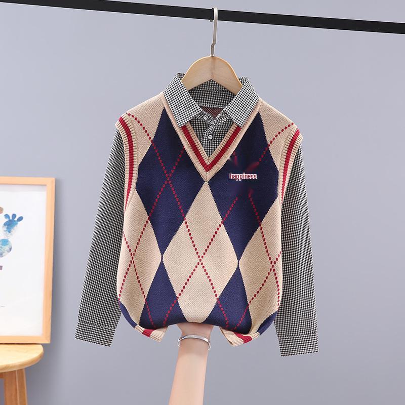 

Стильний бавовняний в язаний светр для хлопчиків на весну та осінь з імітацією багатошаровості та оксамитом для дітей 120 cm