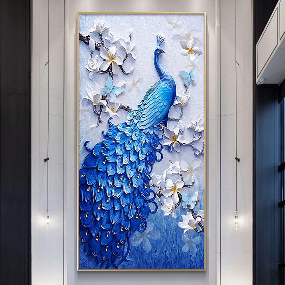Vintage Peacock Canvas Painting Elegant Living Room Home Wall Art Decor Blue White Abstract Animal Flower Picture Poster Prints