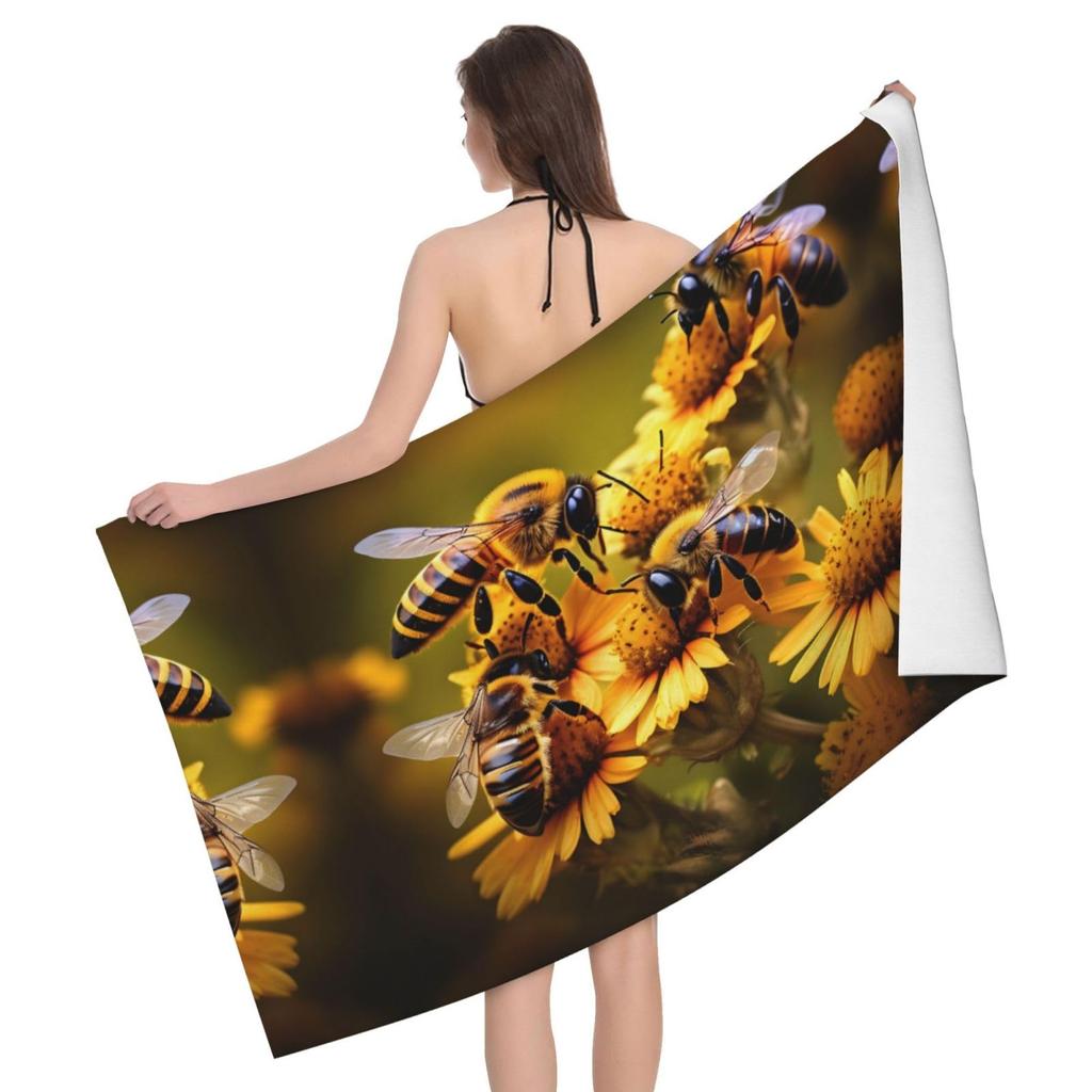 Sunflower Bees Print Beach Towel Quick Dry Absorbent Bath Towel Super Soft for Pool,Beach,Bath,Gym,Travel,Spa,Sport, Yoga Mat