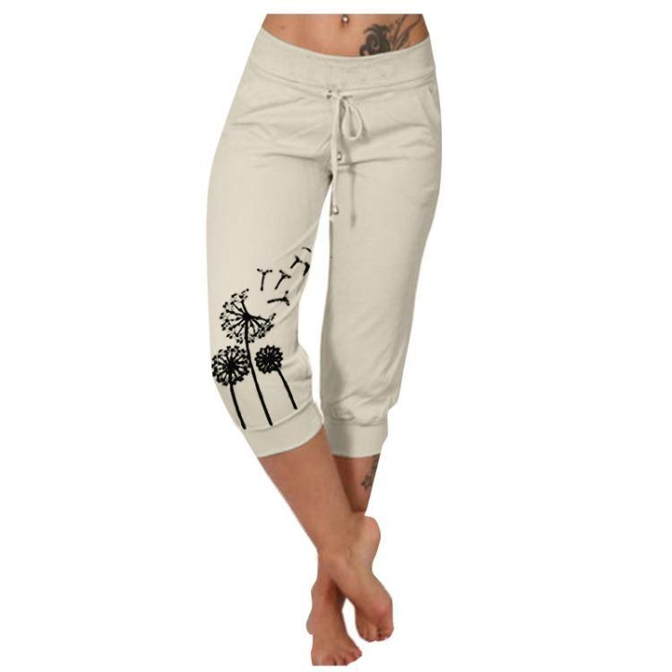 Women High Waist Casual Printed Yoga Pants Drawstring Seventh Pants Qunide