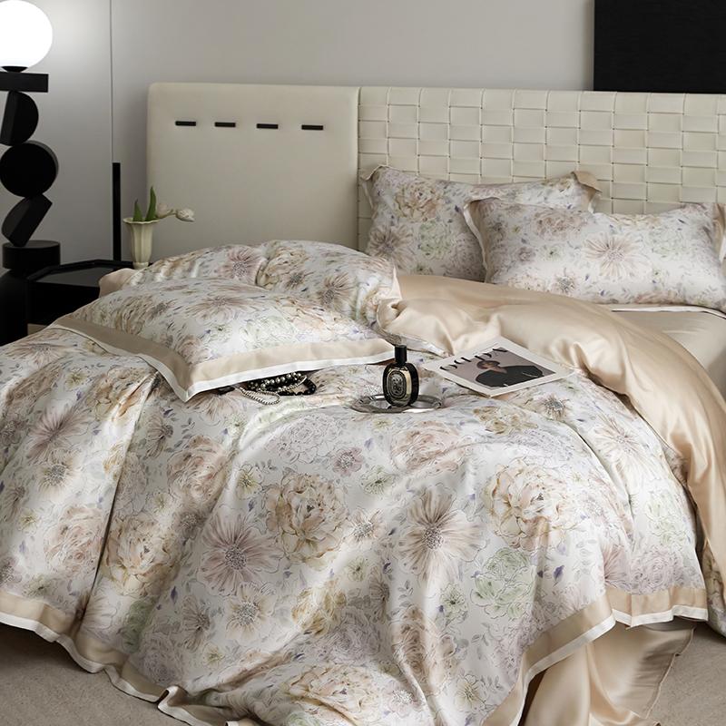 Floral Plant Print Color Blocking Bedding Set Lyocell Bamboo Fiber Soft Silky Duvet Cover Flat/Fitted Bed Sheet Pillowcases 4Pcs