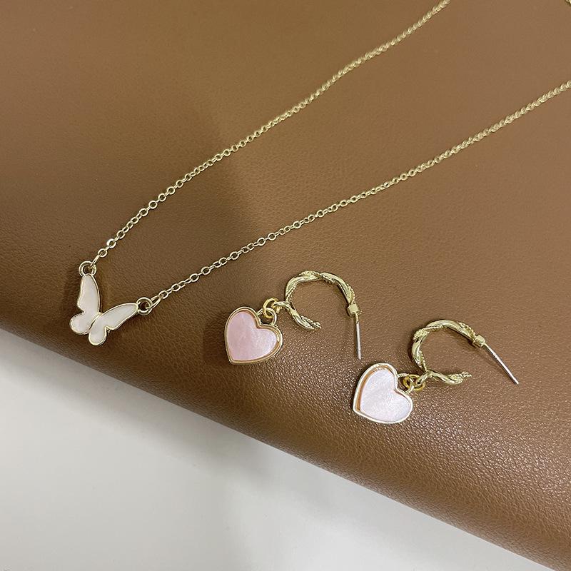 

S925 Silver Pink Heart C-Shaped Earrings & Butterfly Necklace Set