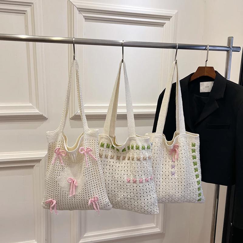 Women Crochet Shoulder Bag Large Capacity Bow Design Aesthetics Handbag Shopper Daily Shoulder Bag Casual Commuting Bag AVE
